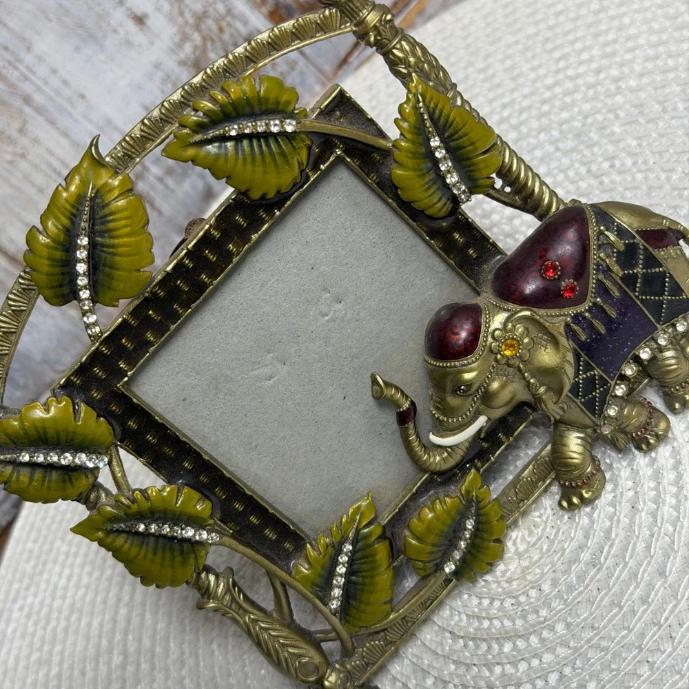 Ornate Gold Tone Elephant Enamel Rhinestone 3x3 Picture Frame Tropical Leaf Boho